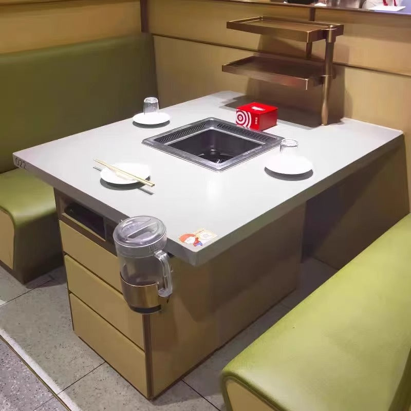 Customized hot pot barbecue table, smokeless purifier, induction cooker, integrated roasting and rinsing, skewers of fragrant barbecue shop, hot pot tables and chairs