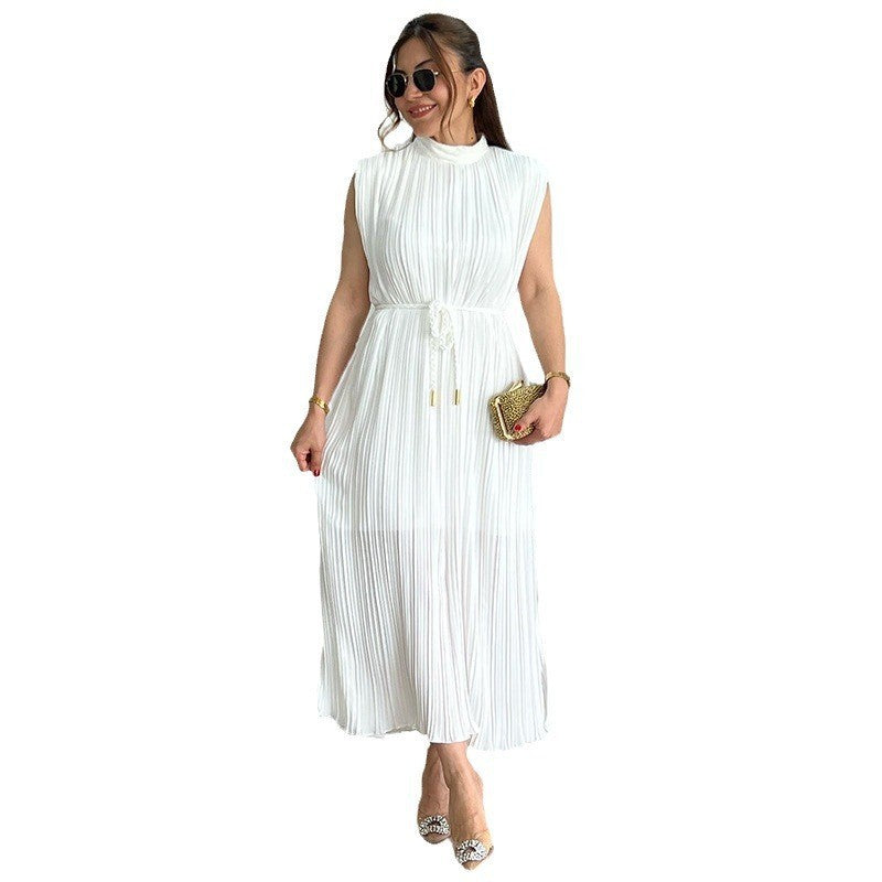 Ready-to-ship european and american export women's clothing,  spring/summer collection: fashionable and minimalist midi dress with mock neck, cinched waist, and tie detail
