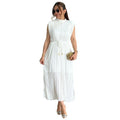 Ready-to-ship european and american export women's clothing,  spring/summer collection: fashionable and minimalist midi dress with mock neck, cinched waist, and tie detail