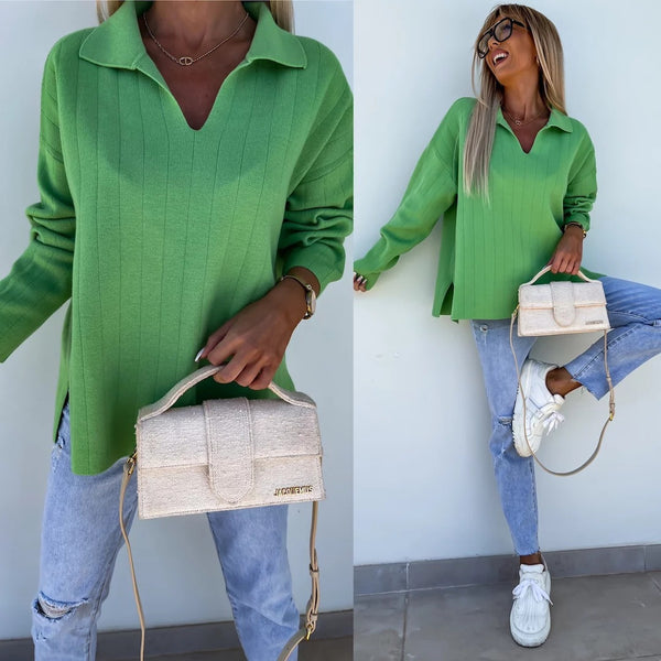 European and American new  women's casual POLO shirt  spring and summer  long-sleeved lapel loose top women