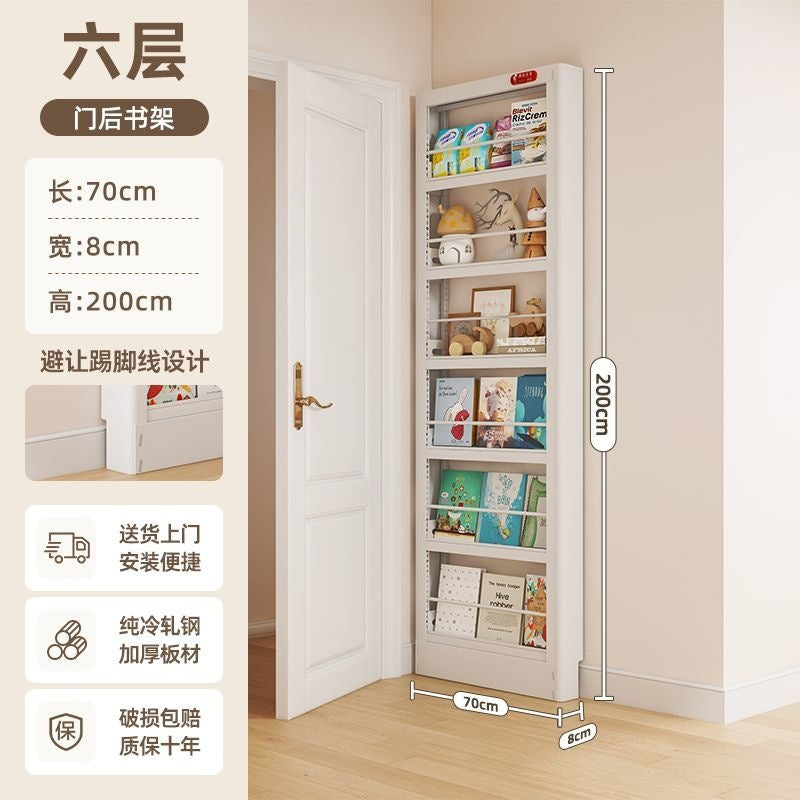 Behind-the-door bookshelf, ultra-slim over-the-door organizer, steel kids' storage rack for picture books, home wall bookshelf