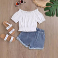 hot selling girl's one-piece collar high elastic cuff washed hole flower denim short girl's suit