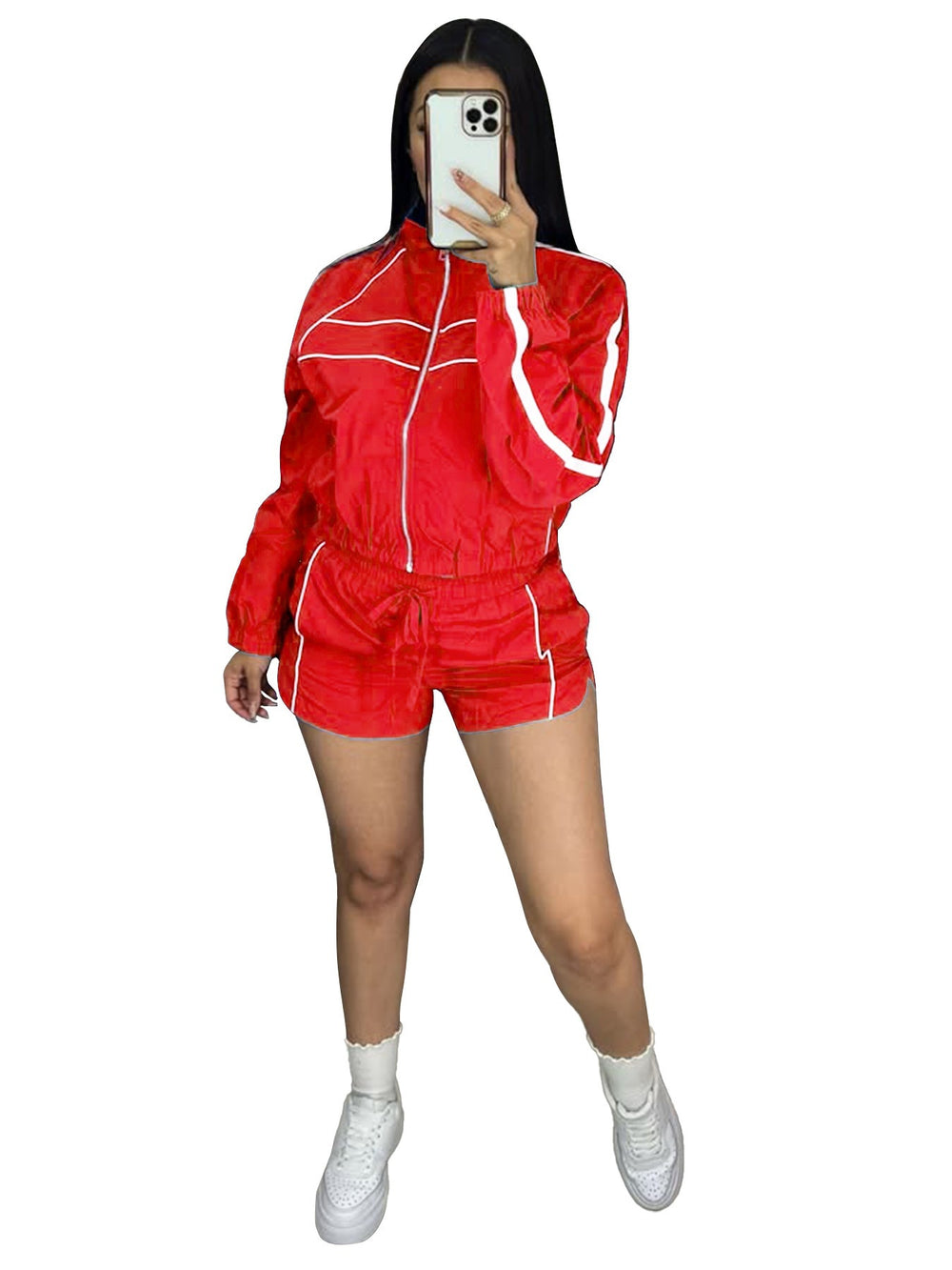 european and american style sexy hot girl long sleeve zipper color block webbing shorts women's two-piece set