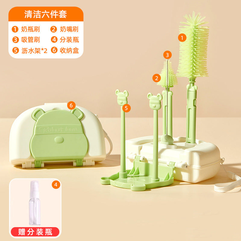 Special cleaning brush for baby bottles Silicone brush set Baby pacifier Straw brush Portable travel bag Drain rack