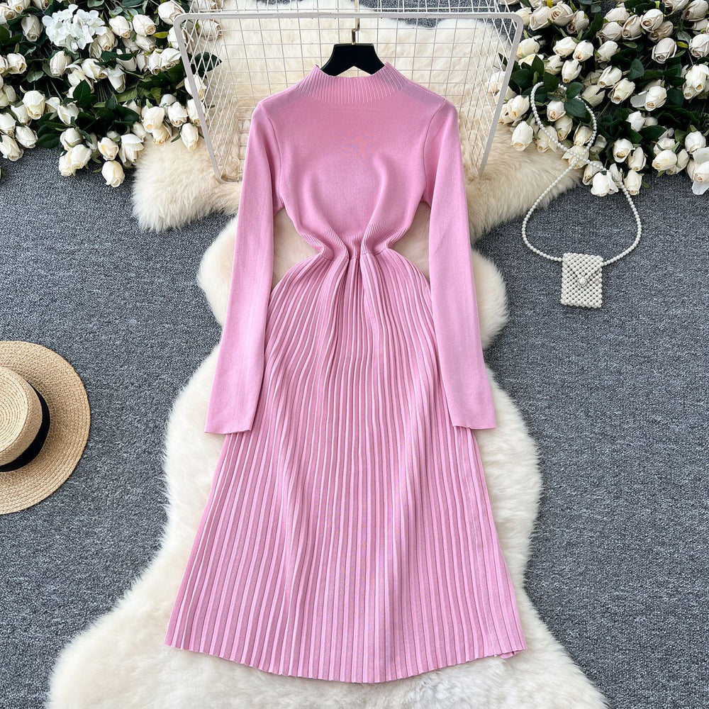Sweaterdress women's inner wear classy sense waist slimming lookelegant button design pleated knitting bottom skirt long skirt