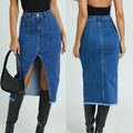fashion style high elastic half-length denim skirt for women with front slit elegant arm-covering skirt easiest for matchslimming look blue denim skirt