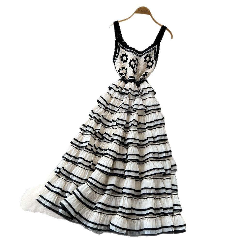 Gentle wind stripes suspender pure desire hook flower dress women's summer waist slimming look cake skirt french long skirt