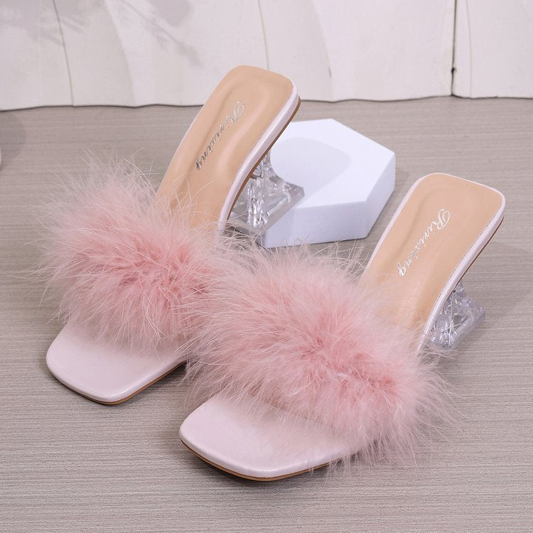 plus sizefashion high-heeled slippers transparent 2026 french furry open toe square toe wine glass heel slippers wholesale