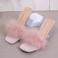 plus sizefashion high-heeled slippers transparent 2026 french furry open toe square toe wine glass heel slippers wholesale