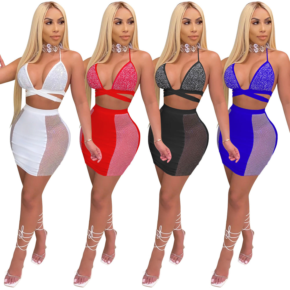 C3645 cross-border new product   fashion european and american nightclub skirt hot diamond cross strap backless two-piece set