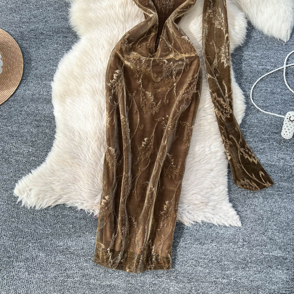 Accessible luxury celebrity classy sense of slope shoulder halter ribbon sleeveless bronzing printing mesh dress waist silm long skirt