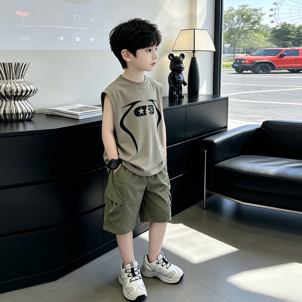 Boys'  summer new sleeveless tank top and shorts casual two-piece set - lightweight style for mid-to-large children