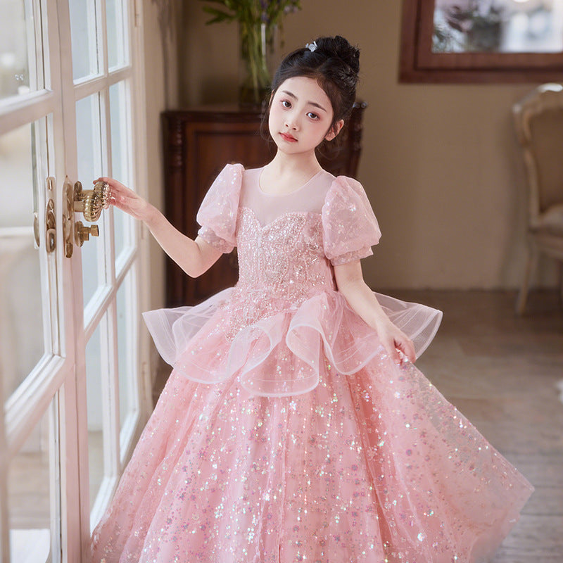 Children's formal dress princess gown sweet tulle tutu little girl's 6/1 piano recital performance costume high-end girls' dress