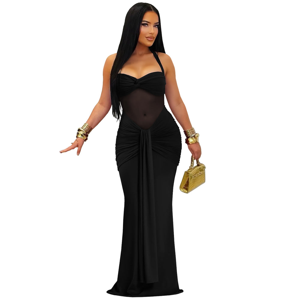 C7608 cross-border   fashion women's sexy see-through mesh halter tie-up dress