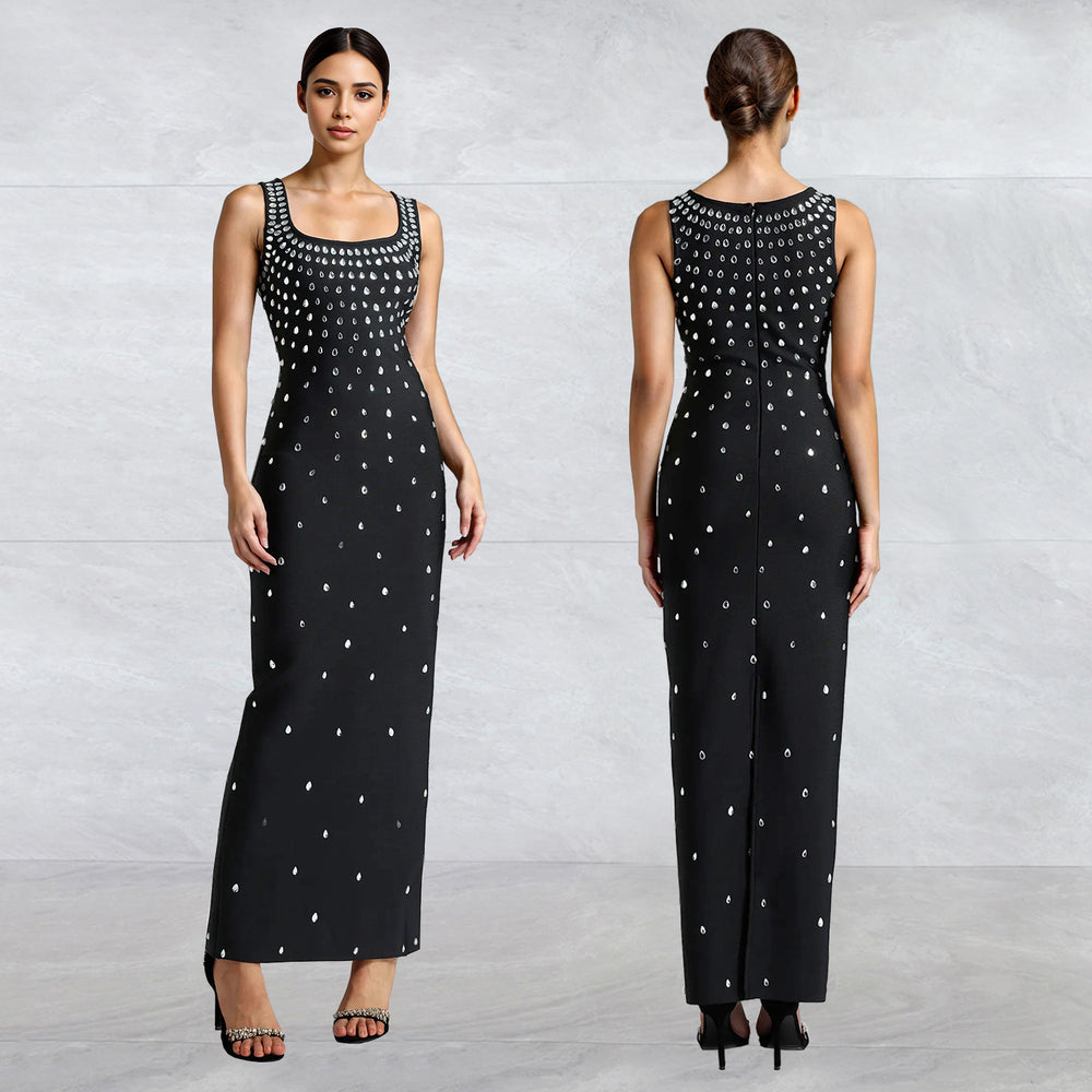 C7117 cross-border   fashion women's hotfix rhinestone u-neck sleeveless bodycon mini dress