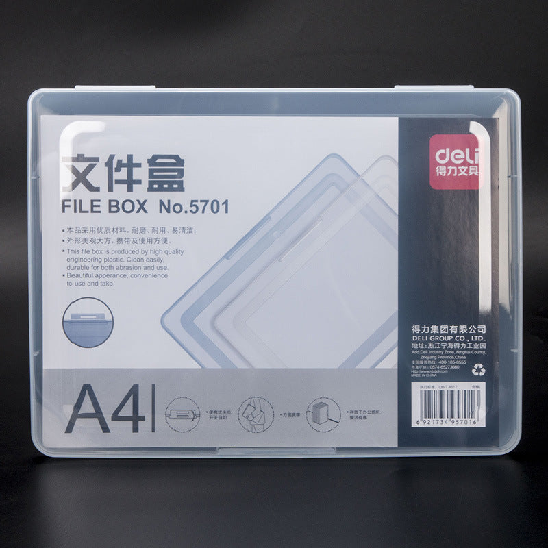 Deli file box 5701 transparent PP file storage box A4 data box, for office and study, portable and moisture-proof
