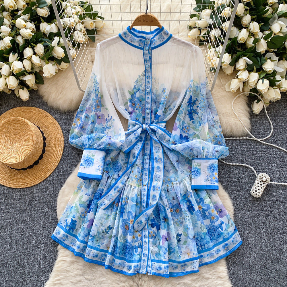 French spring new arrivaldress women's strap waist stand collar lantern sleeve single breasted waist ruffles printing skirt