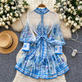 French spring new arrivaldress women's strap waist stand collar lantern sleeve single breasted waist ruffles printing skirt