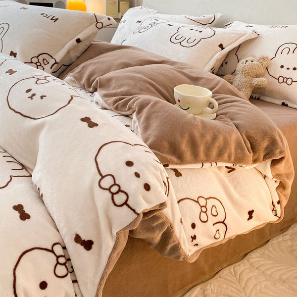 Winter milk fleece four-piece wholesale ins cartoon coral fleece quilt cover Nantong flannel sheet quilt cover bedding