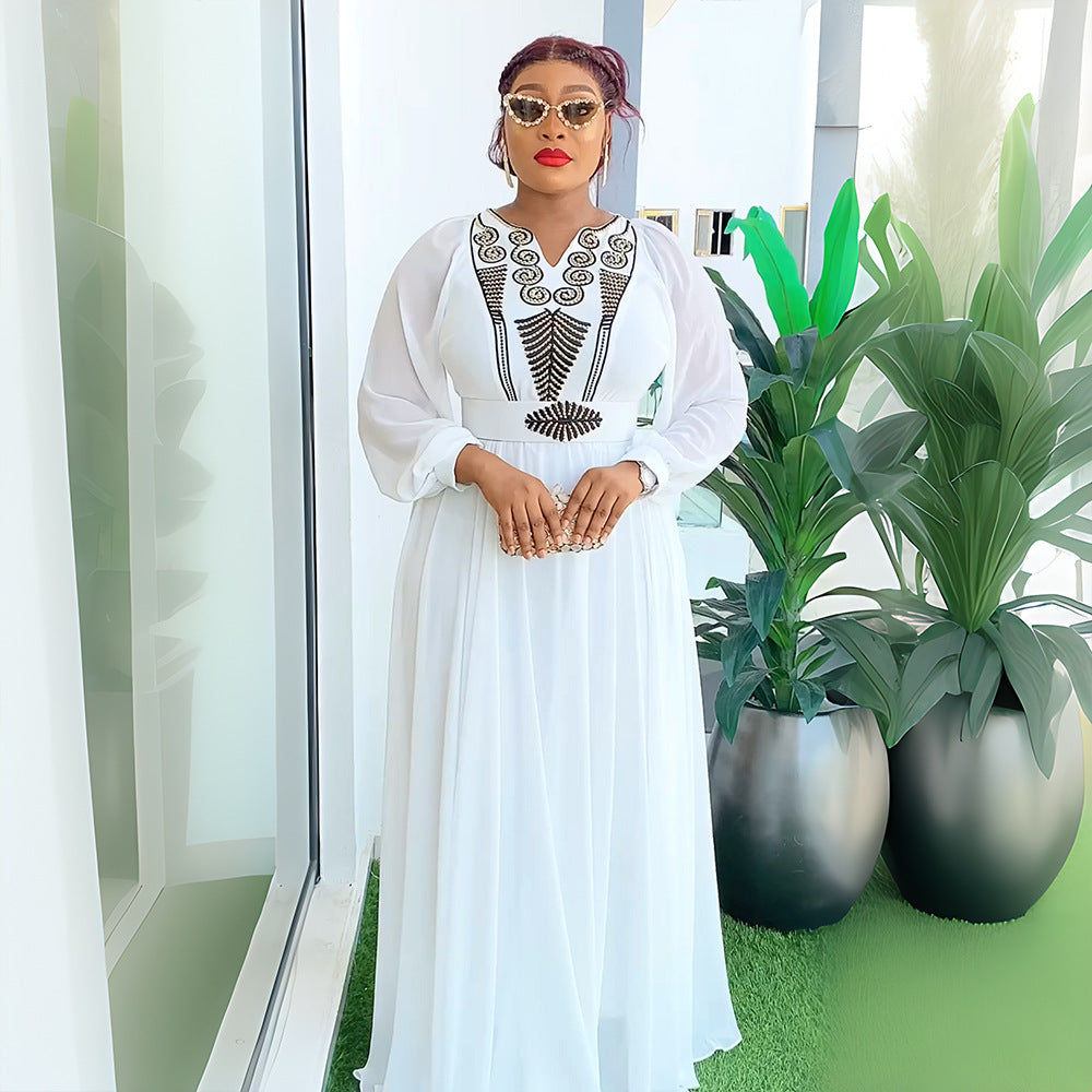 New long-sleeved african plus size women's dress - elegant & chic,  cross-border e-commerce, chiffon v-neck rhinestone embellished dress