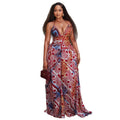 European and american style ins cross-border printing color matching women's waist a-line skirt halterneck backless low-cut outing long dress trendy