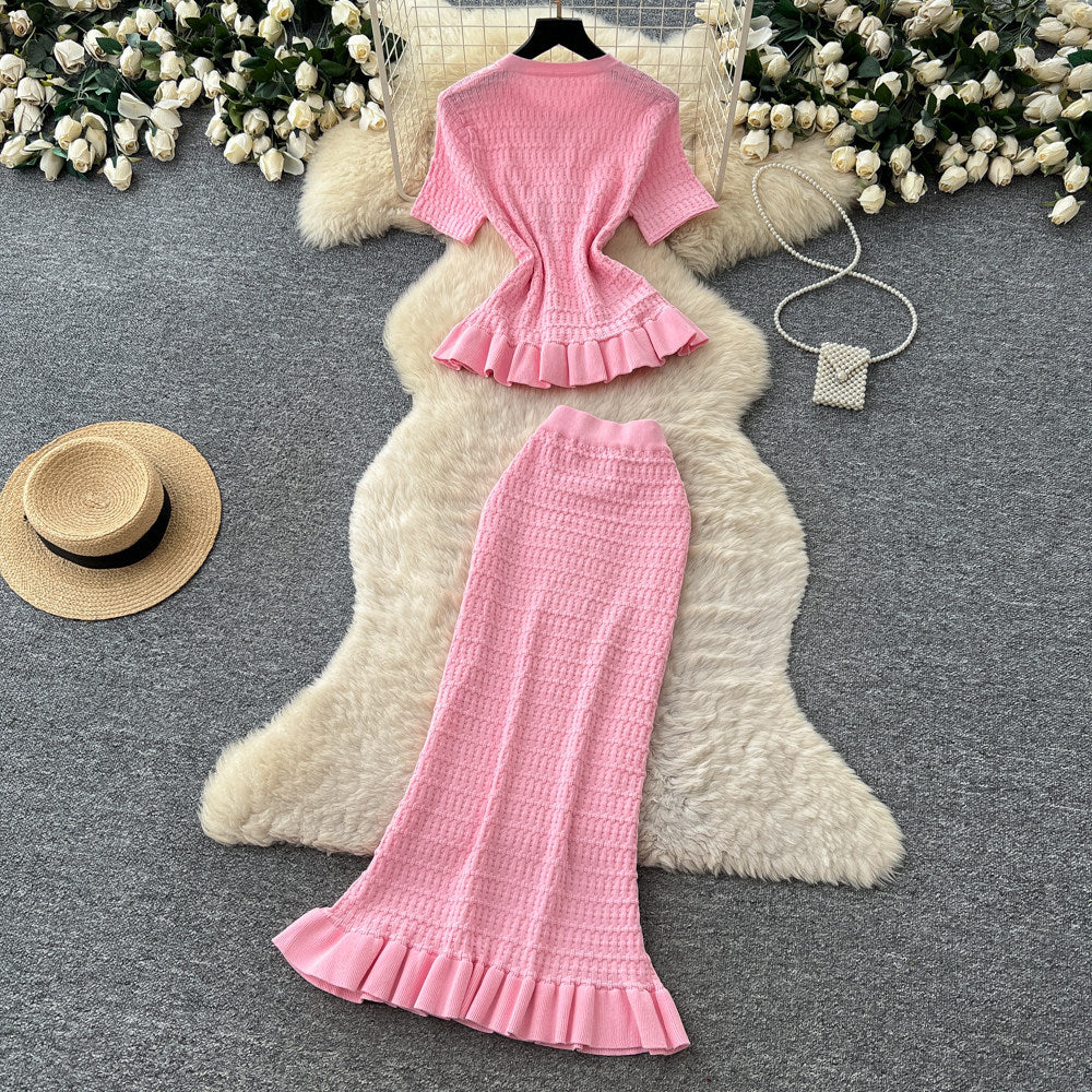 K-styleknittingrufflesilm two-piece set for women summer silm light mature elegance style work clothingelegantsuit