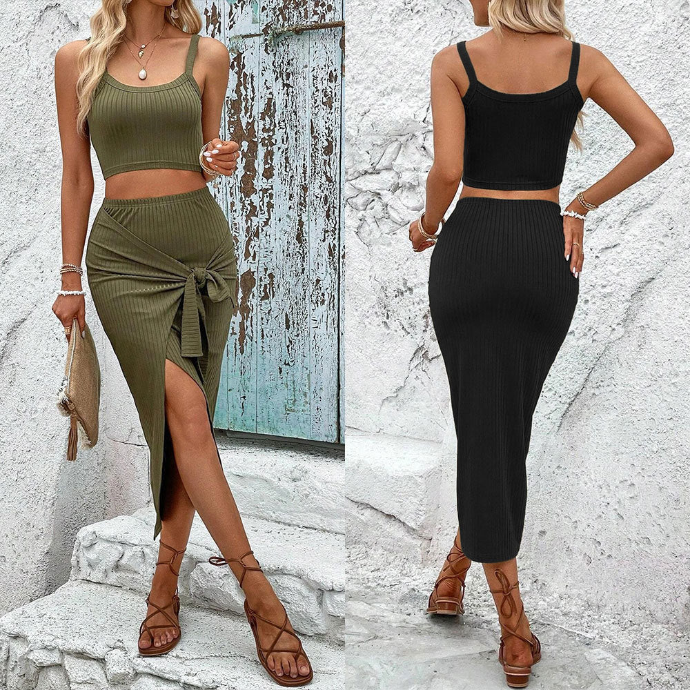 European and american  summer new women's versatile commute fashion set: camisole top & slit midi skirt two-piece outfit