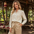 European and american lazy style off-white stand collar shirt with pleated design, button-down long sleeves, and a relaxed fit