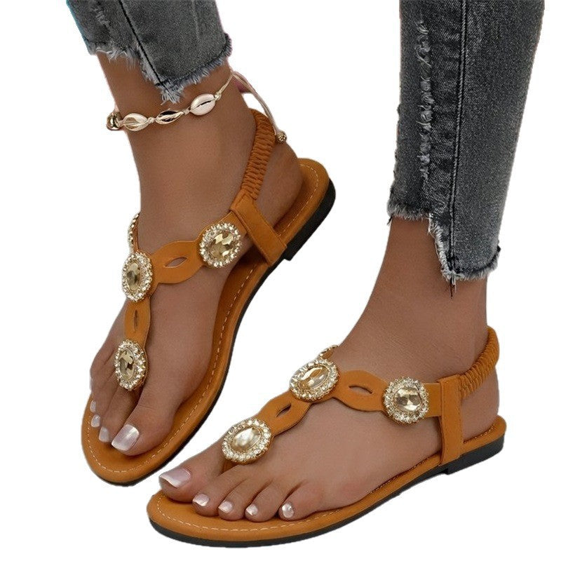 Plus size women's european and american sandals -  bohemian rhinestone comfortable breathable versatile elastic band thong sandals