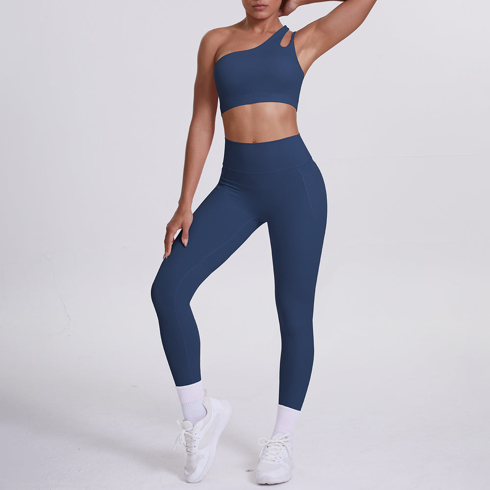 fashion double-sided brocade brushed single oblique shoulder yoga suit sports running fitness flap pocket pants pants two-piece set