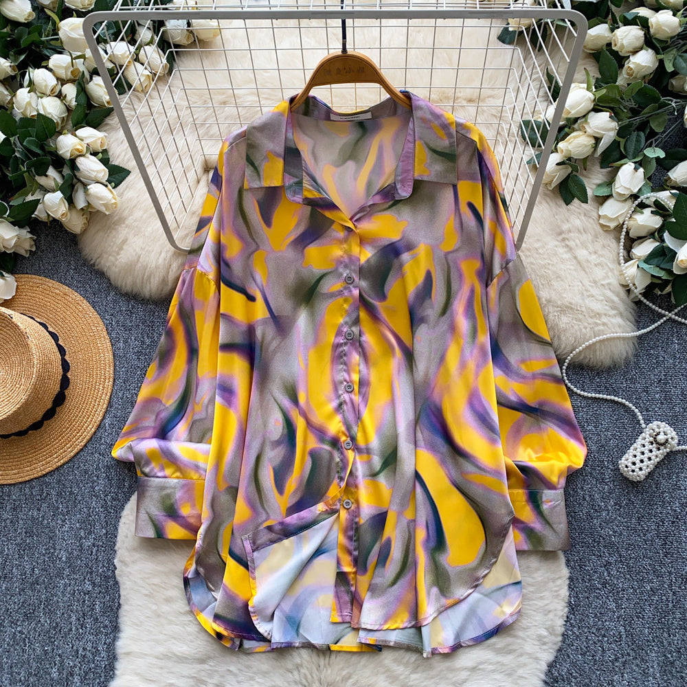 French chic print blouse - women's long sleeve, relaxed fit, open front cardigan - versatile & slimming top for work & casual wear - autumn  collection - effortless style