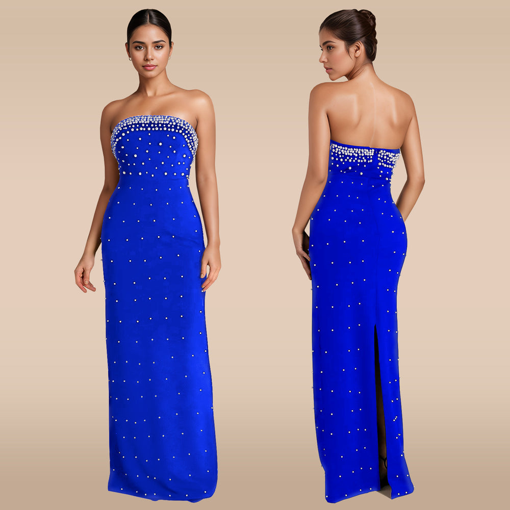 C7218 cross-border   fashion women's bandeau sexy beaded slit backless dress