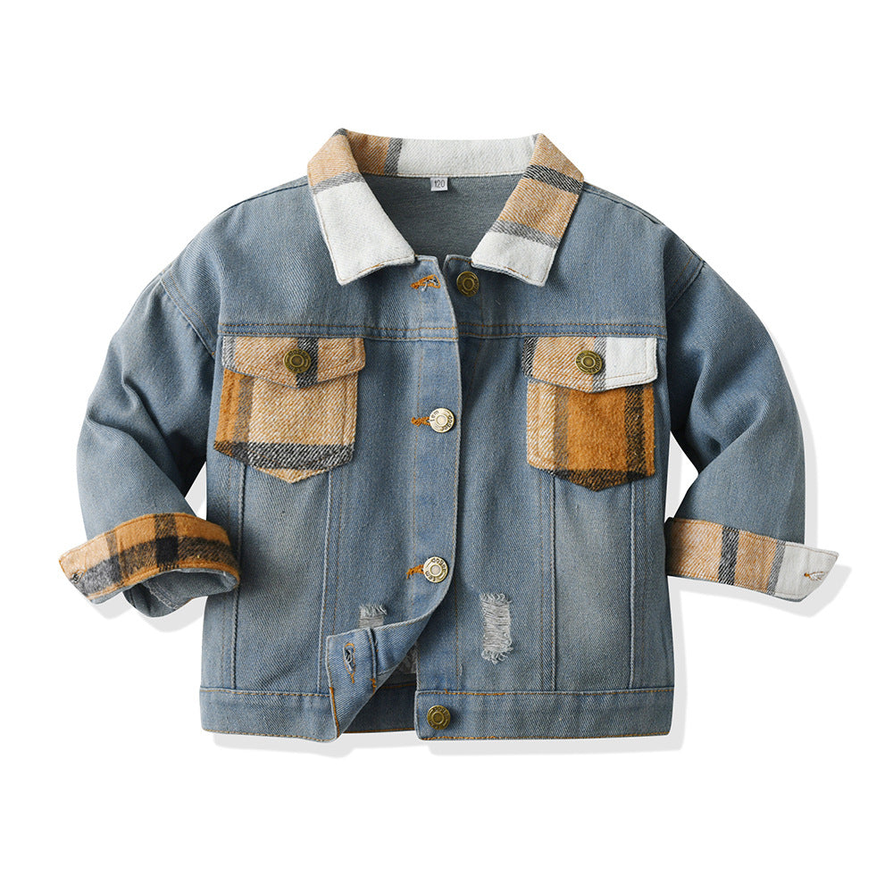 Autumn new arrivals: kids' denim jacket, plaid cropped top, trendy short jacket, denim outfit for boys and girls