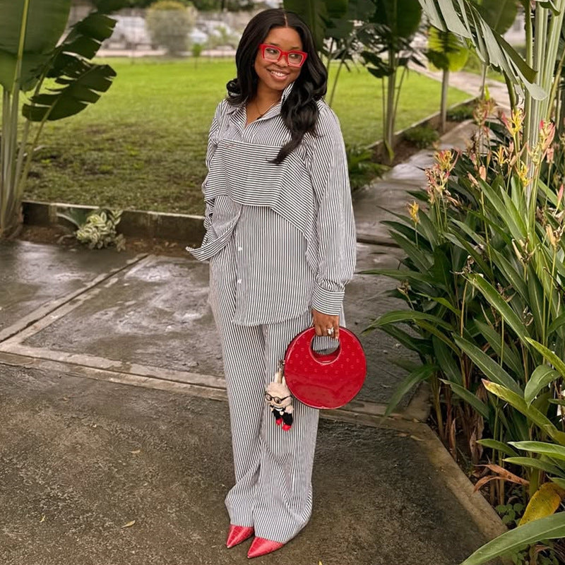 European and american cross-border women's fashion:  autumn new collection - stylish striped long-sleeve shirt and wide-leg pants set