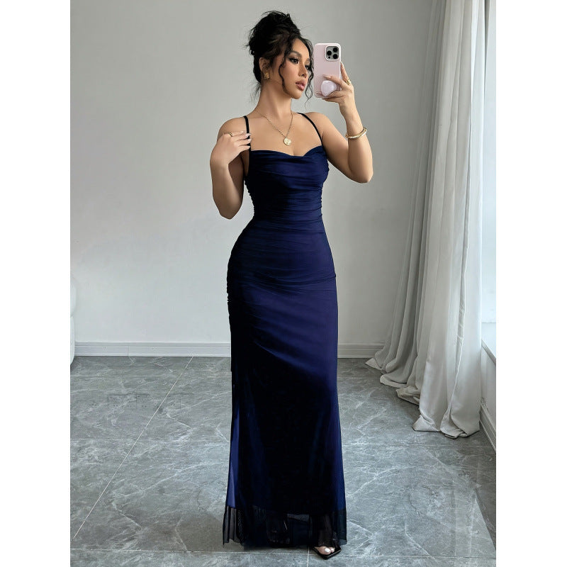 women's mesh panel crisscross backless maxi dress