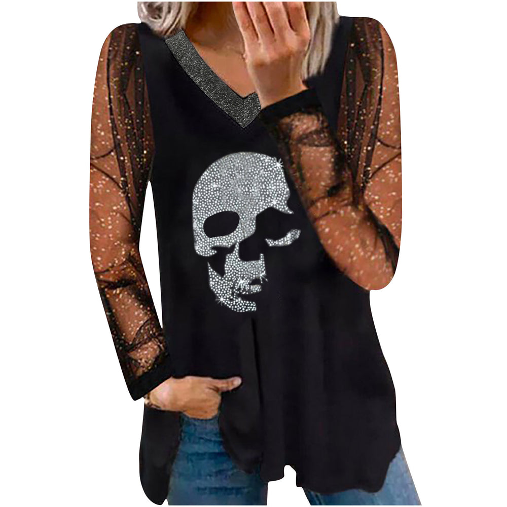 women's casual printed v-neck lace trim gold edge long sleeve t-shirt - in stock