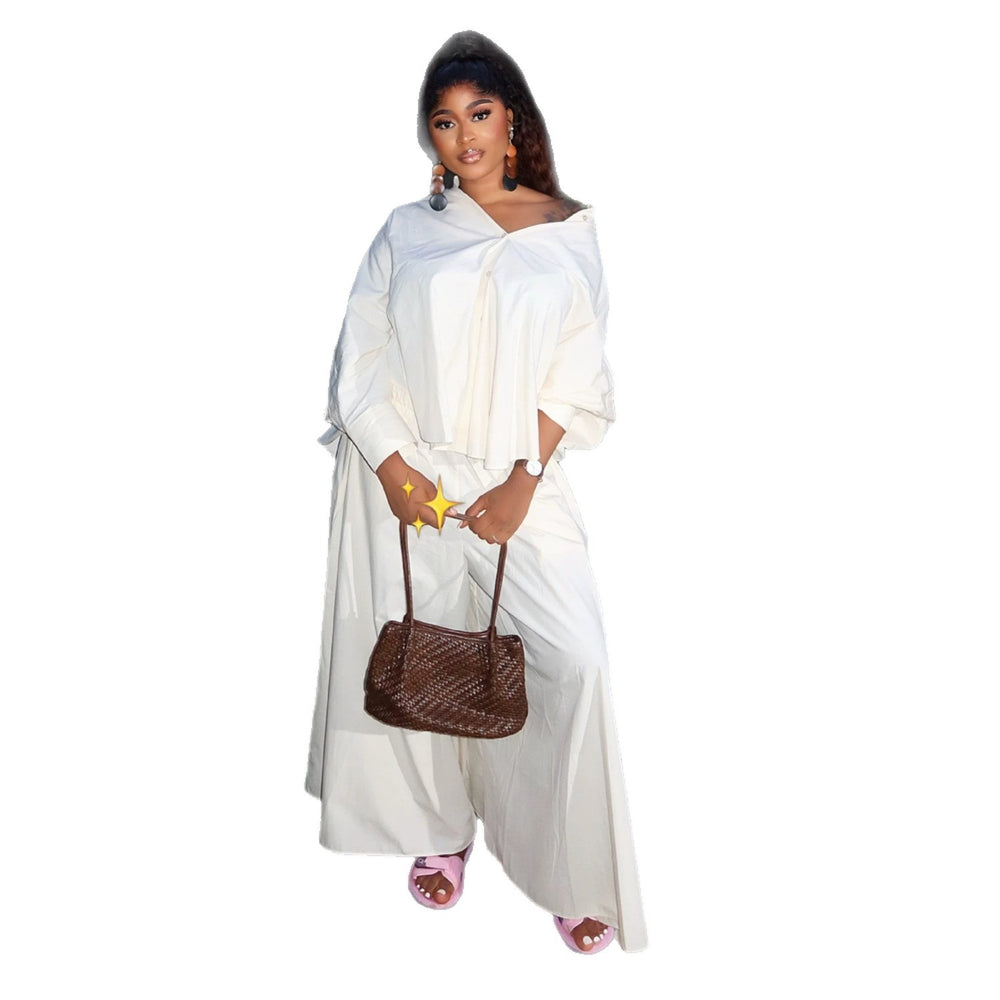 European and american women's clothing  autumn new collection: sweet and fresh turn-down collar batwing sleeve blouse and high-waisted wide-leg pants two-piece set