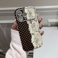 Pieced polka dot lace appliqué phone case for iphone 17 pro max, iphone 13, round edge large view soft case