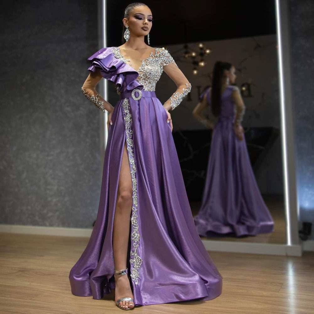 2025 spring new european and american cross-border women's clothing amazon evening gown - women's satin gold-sprayed purple sequin dress