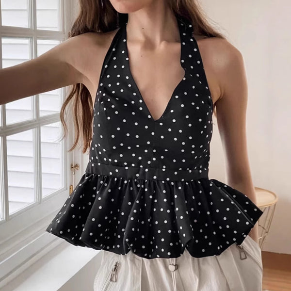 French retro polka dot neck vest women's 2025 summer  spice girl lace-up sleeveless top design sense women's clothing