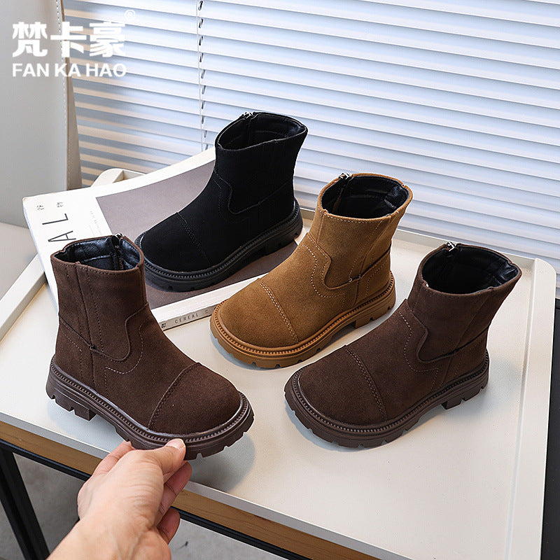 Vancahao children's double-sided fleece ankle boots,  autumn new korean style girls' british vintage martin boots