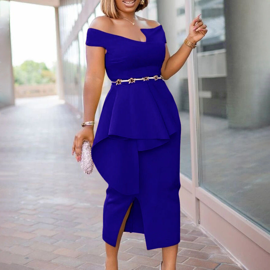 D214   summer short-sleeve bodycon solid color slit ol off-shoulder european and american style dress - cross-border formal dress