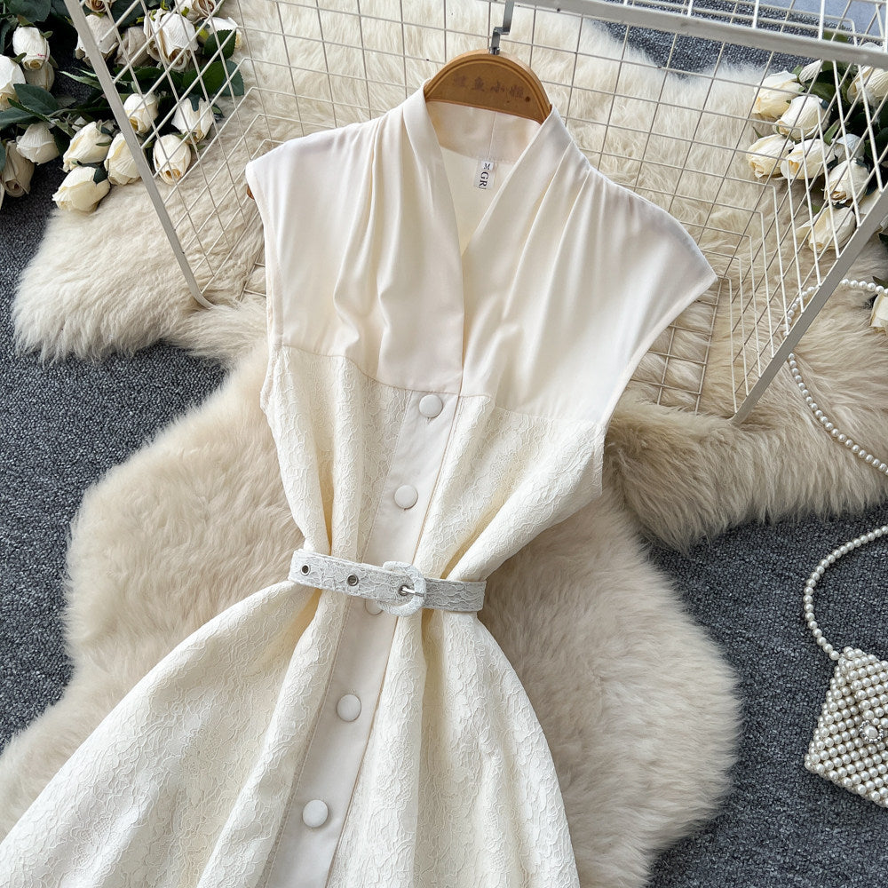 Frenchelegance style sleeveless single breasted dress for women summernew arrivalk-style waist slimming look long skirt work clothingelegant
