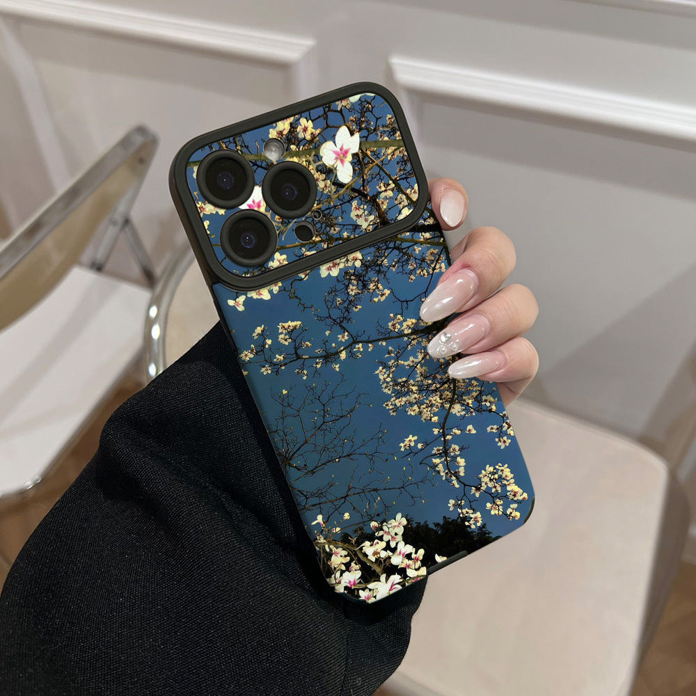Ins style dark night blue and white orchid mobile phone case suitable for iphone17promax apple 16/15 forest style soft case