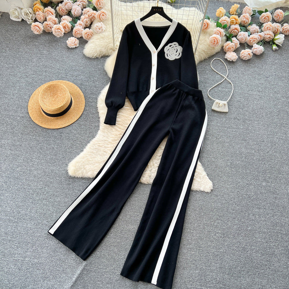 Elegant and chic knit set for women: autumn/winter loose-fit long sleeve shirt + high-waisted drape pants