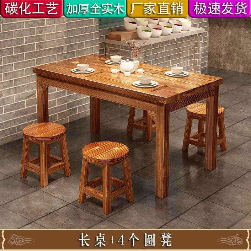 Solid wood dining table snack bar table and chair combination noodle shop hot pot restaurant canteen carbonized fast food firewood dining table