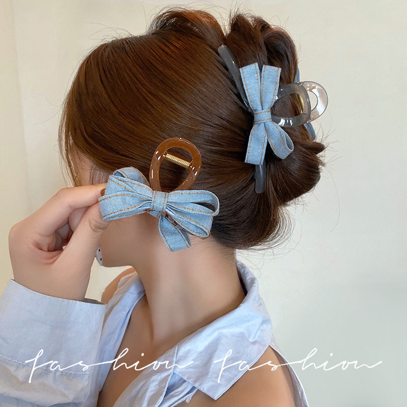Korean new fashion back of head blue denim bow transparent gray hair clip claw clip shark clip hair accessories for women