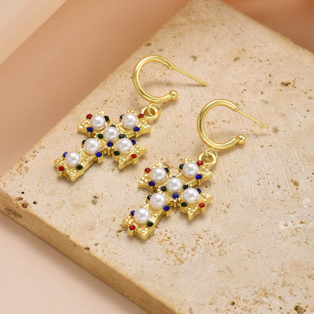 European and american cross-border new alloy cross pattern pearl stud earrings - light luxury, high-end design women's earrings jewelry