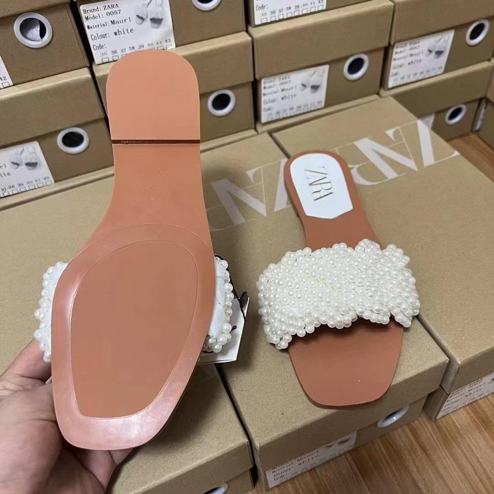 2024 summer new women's shoes: faux pearl embellished mules, low heel open toe, versatile casual beach sandals