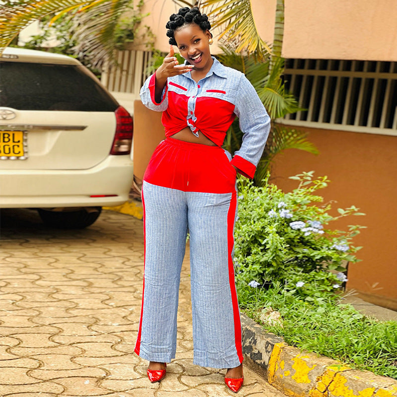 European and american women's clothing  autumn new collection: sweet and fresh color block long sleeve shirt with high-waisted straight-leg pants two-piece set